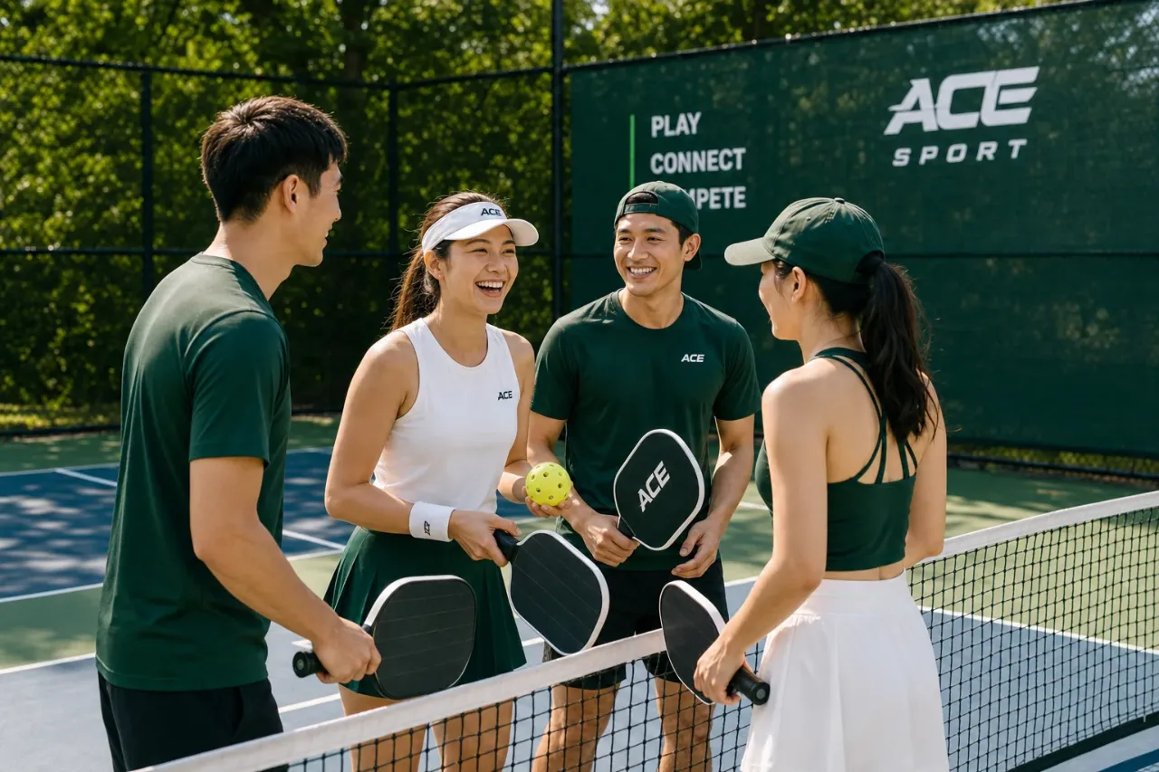 Nhóm bạn chơi pickleball bên lưới sân
